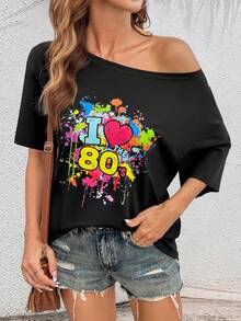 我爱 80 年代女式可爱迪斯科超大落肩短袖 T 恤 - 黑色 - 查看 5