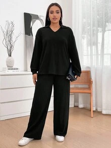 SHEIN CURVE+ Bộ 2 quần thường ngày có túi và áo nỉ cổ tròn in họa tiết da báo cỡ lớn - màu đen - Xem 5