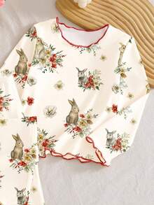 1套女婴可爱优雅复古卡通兔子水彩花卉印花荷叶边撞色边舒适休闲长袖睡衣套装 - 杏色 - 查看 3