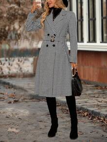 EMERY ROSE 女式千鸟格不对称领长袖双排扣口袋休闲羊毛混纺秋冬夹克 - 黑與白 - 查看 6