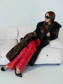 SHEIN ICON Áo khoác lông xù ve áo dài vừa phải màu nâu, cổ lông màu đen, cổ tròn ... - màu nâu - Xem 6