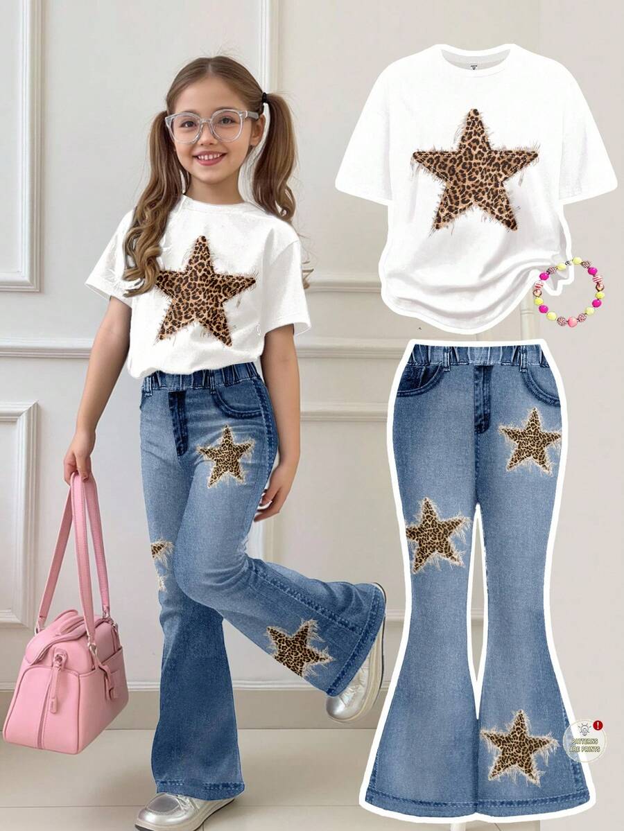 SHEIN Leap Crew 2pcs Tween Girls Casual Vintage Leopard Print & Star Pattern Loose Fit Round Neck Short Sleeve T-Shirt And Flare Pants Set, Suitable For Autumn - Multicolor - View 1