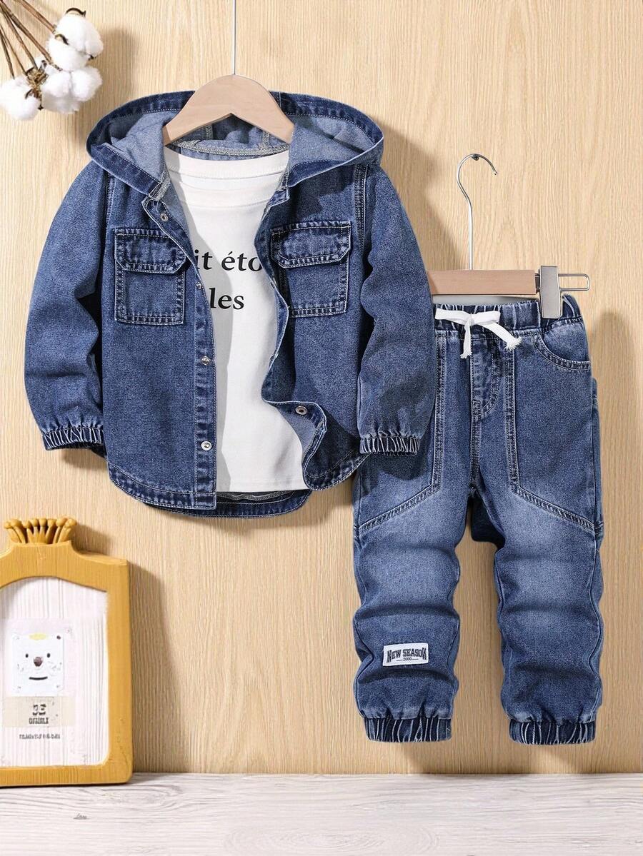 2 piezas Conjunto de chaqueta con capucha de mezclilla lavada y pantalones de mezclilla con cintura elástica para niños pequeños en primavera/otoño, conjunto casual de mezclilla para niños, suave y cómodo para la escuela, vacaciones, exterior