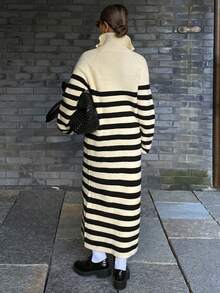 DAZY Women's Casual Loose Contrast Striped Half-Placket Sweater Dress, Autumn - Beige - View 2