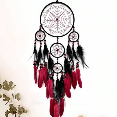 SHEIN 1PC  Mystic Red Black Spider Web Dreamcatcher Bohemian Wall Hanging Decor Gothic Bedroom Aesthetic Girls Birthday Gift Room Decor Halloween Fall Festival Home Decoration Macrame Wind Chime