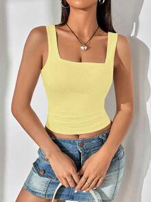 Fiercella Fiercella Women's Solid Color Square Neck Pleated Cropped Fitted Casual Tank Top - Yellow - View 3