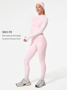 GLOWMODE Slim Fit Warm Hip Length 1/4 Zip Knit Long-Sleeve Top With Thumbholes Running Jogging Hiking Gym Training Daily Active Wear Sweat-Wicking - Baby Pink - View 5