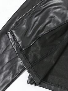 Sparklyn Teen Girl Solid Fashion Lapel Zipper Oblique Placket Black Versatile Short Leather Jacket Fall Winter - Black - View 7