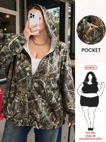 SHEIN CURVE+ 女士加大码秋冬情侣装/基础款/户外迷彩内衬拉链绿色宽松长袖运动衫，长袖上衣秋冬 - 彩色 - 查看 7