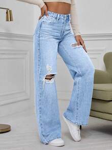 EMERY ROSE Washed Denim Blue High Waist Ripped Wide Leg Jeans