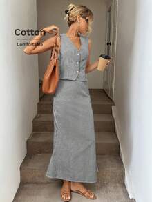 Easowa Bộ 2 món áo sơ mi không tay cổ chữ V cài nút phía trước và chân váy đuôi cá ôm sát, trang phục đi nghỉ thanh lịch, mùa xuân/hè, vải cotton dệt sọc - Đen và trắng - Xem 1