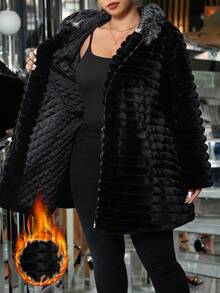 SHEIN Clasi Große Größen einfarbige Kapuzenjacke mit Kunstpelz, modisch für Herbst/Winter - Schwarz - Übersicht 3