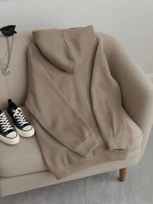 Franclia 休闲字母刺绣连帽长款卫衣，秋冬 - 卡其色 - 查看 2