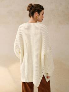 INAWLY Cardigan feminino de malha longa, solto, com ombros caídos, cor sólida, outono/inverno - Branco - Ver 2