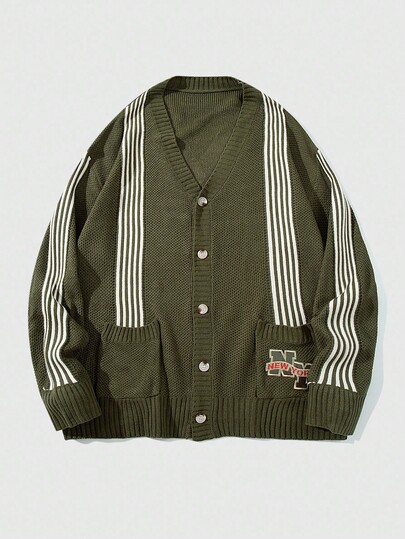 Street Life Chaqueta de punto con botones, estilo universitario deportivo casual, con bordado de letras, patrón de rayas y bolsillo, para hombre, otoño/invierno