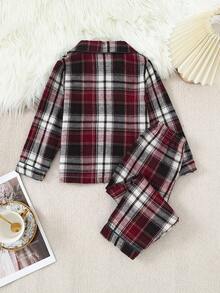 SHEIN Bộ đồ mặc nhà thường ngày cho bé trai với áo cardigan cổ kẻ caro tối giản cổ điển và quần dài - Nhiều màu - Xem 2