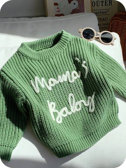 SHEIN Baby Boy Soft, Gentle & Comfortable Casual All-Match Cute Letter Graphic Green Crew Neck Long Sleeve Pullover Sweater, Suitable For Indoor, Outdoor, Casual, Sports, Play, Party, Photo Shoot, Holiday, All Seasons Knitwear Jumper,In Fall/Winter