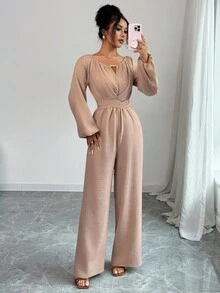 Rafferiza 女士优雅通勤木珠装饰圆领扭腰长袖阔腿连体裤 - 卡其色 - 查看 5