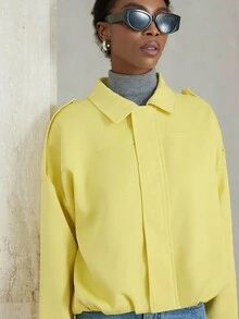 Aveloria Modichic 女式蝙蝠翼领纯色粗花呢通勤时尚飞行员夹克 - 黃色 - 查看 4