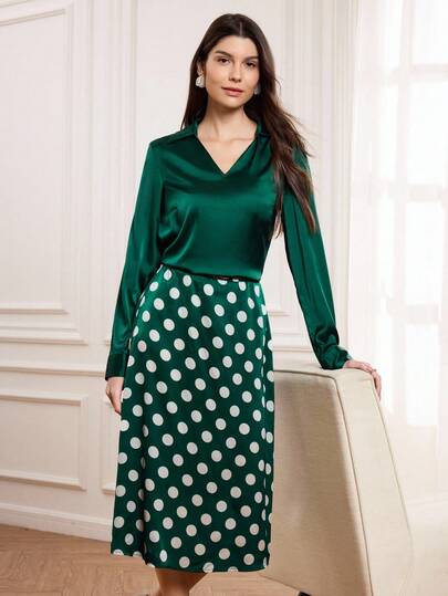  Miaspire Women's Elegant 2 Pieces Set, Fall/Winter - Includes Collared Shirt And Polka Dot Print Skirt, Suitable For Elegant Parties, Outings And Gatherings, Made Of Pique Fabric,Party Set,Green Set For Women,Christmas Women's Clothing