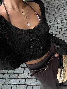 Sunnyshic Casual Versatile Vacation Style Solid Color Cropped Lightweight Off Shoulder Sweater