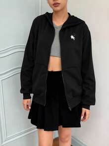 SHEIN Teen Girl Casual Comfortable Sweatshirt With Embroidered Design, Versatile - Black - View 5