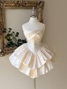 Lovelzi 浪漫、优雅、高贵的乳白色缎面双层蛋糕公主裙，适合单身派对、婚礼、毕业典礼、舞会礼服、婚礼宾客礼服 - 白色 - 查看 2