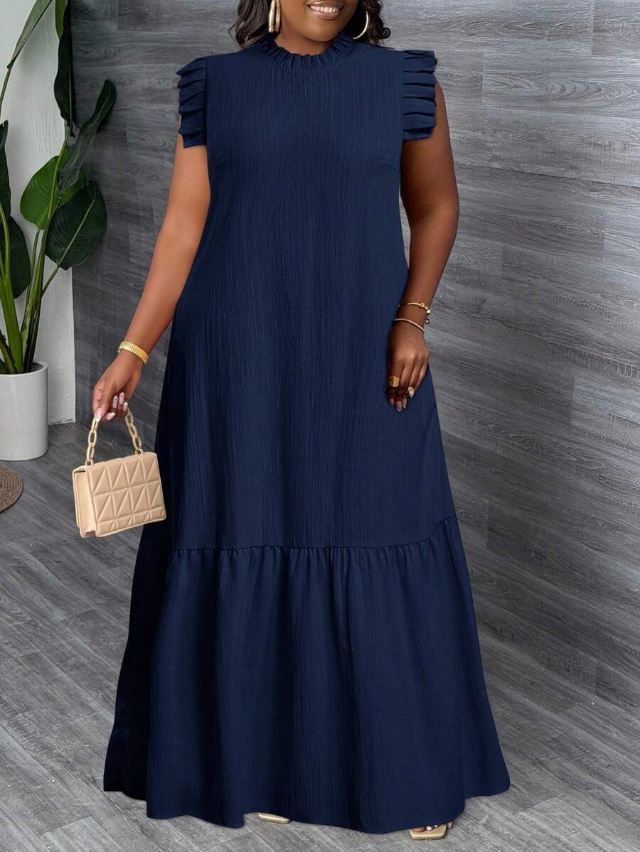 Veslaya Đầm maxi dáng rộng, màu kaki trơn, chất liệu vải dệt họa tiết, không tay, viền bèo nhún, cổ đứng, cỡ lớn, hàng mới về mùa Xuân/Hè, thích hợp cho kỳ nghỉ, thanh lịch và thường ngày.