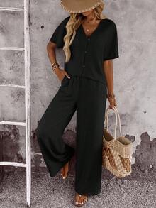 EMERY ROSE 女士纯色 V 领短袖上衣和宽松直筒裤 2 件套 - 黑色 - 查看 8