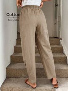 SHEIN LUNE Women's Green Cotton Casual Comfortable Pants With Pockets, Spring/Summer