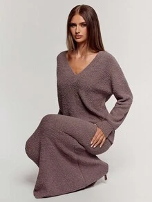 SHEIN BAE Women's Regular V-Neck Long Sleeve Sweater And Knitted Fish Tail Skirt Casual Suit, Autumn,Winter,Winter Clothes ,Winter Clothes For Women,Fall Clothes For Women ,Halloween,Christmas , New Year ,Thanksgiving, Party ,