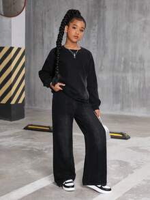 Tween GirlsLoose Denim Sweatshirt And Elastic Waist Straight Leg Jeans 2 Pieces Set, Casual And Fashionable For Spring/Autumn, Soft And Comfortable Material, Perfect For Holidays And Outings Fall Winter - Black - View 7