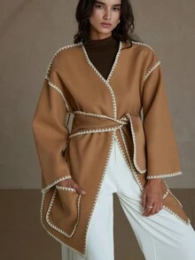 GENKIRA Women's Long Overcoat With Shell Crafted Design - Camel - View 4