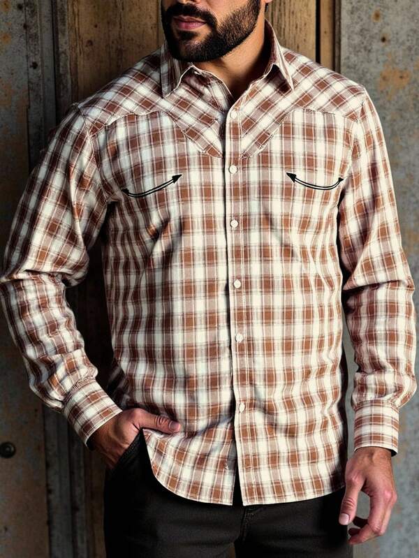 Manfinity Nomadique Camisa casual de manga larga con botones y estampado de cuadros para hombres