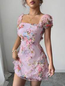 Elenzga Đầm ôm sát dáng suông, họa tiết hoa nhí kiểu tranh sơn dầu cổ điển, chất liệu lưới xuyên thấu, viền bèo nhún, thanh lịch và tôn dáng, thích hợp cho mùa xuân/hè. - Hồng - Xem 5