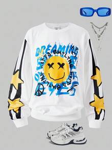 SHEIN Explorewe Tween Girls Casual Street Fashion Sporty Oversized Crew Neck Face Letter Print Long Sleeve Sweatshirt - White - View 7