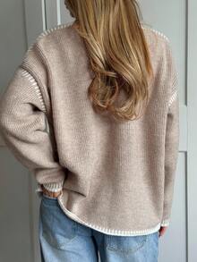 CovetEZ 女士休闲宽松长袖前系带针织毛衣上衣，适合日常穿着 - 卡其色 - 查看 2