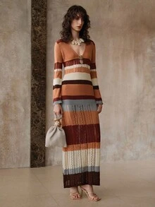 Revavyn 女式秋季深V领长袖镂空条纹修身针织连衣裙 - 彩色 - 查看 3