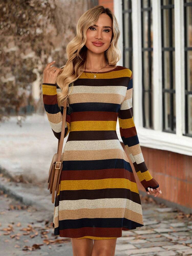 Women's Casual Colorblock Striped Mini Dress, Autumn Striped Long Sleeve Dress Fall Dress Women Autumn Dress Casual Dress Earth Tone Dress Halloween Costume For Women Brown Dress For Women Halloween Halloween Costumes For Women Halloween Clothes For Women Halloween Costume For Women Autumn Outfits For Women Winter Dress Women