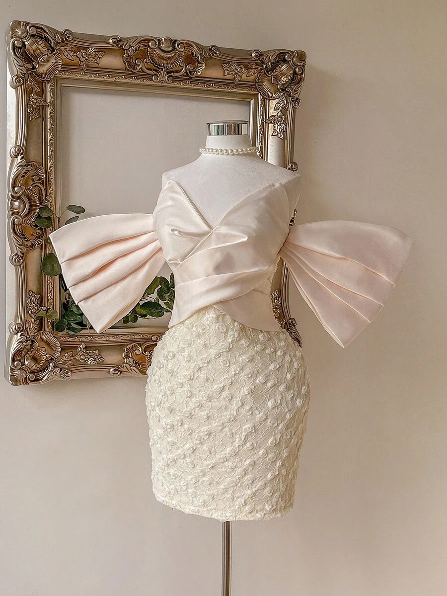 Lovelzi 优雅、浪漫、性感、香槟色、缎面、蝴蝶结、3D 花卉蕾丝拼接、褶饰、合身腰部中长连衣裙，适合生日派对、婚礼、鸡尾酒会 - 香檳色 - 查看 1