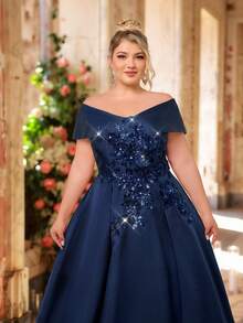 SHEIN Belle Váy maxi trễ vai thêu sequin satin màu sâm panh sang trọng lãng mạn cỡ lớn mùa hè, thích hợp cho tiệc tối, hẹn hò, vũ hội, tốt nghiệp, sự kiện đám cưới (trang trí đậm) - Màu xanh hải quân - Xem 5