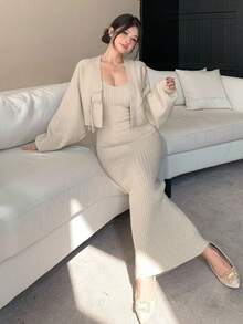 DAZY Bộ đồ 2 món thanh lịch, áo len tay cánh dơi cài nút cho nữ, màu trơn, mùa thu - Màu be - Xem 3