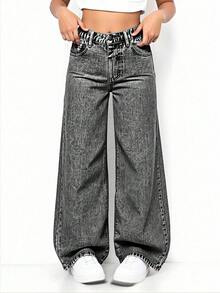 Sparklyn 青少年女孩休闲时尚浅蓝色牛仔色蝴蝶印花宽松阔腿舒适日常百搭校园休闲洗水牛仔裤 - 深灰色 - 查看 4