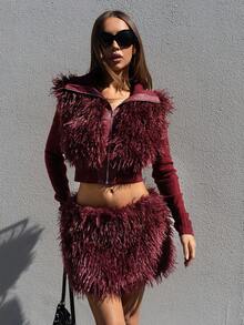 SHEIN ICON Bộ 2 món đồ bằng da và lông thú giả dành cho nữ, gợi cảm và tiên phong - Màu Đỏ Sâu - Xem 3