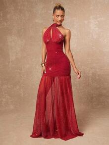 Lumalex 早春情人节浪漫约会领口聚焦闪亮露背紧身网纱连衣裙，适合女士，尽显奢华新年新风尚，适合舞会、聚会、宴会、低调奢华、复古魅力、闪耀节日派对、锐舞节、郊游、度假、户外、层次丰富的婚礼季宴会、宰牲节、新年派对、晚宴、秋季派对礼服 - 酒紅色 - 查看 9