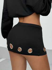 StreetHx Streetwear 女款孔眼镂空装饰衬里短裤，低腰超短裙，秋季 - 黑色 - 查看 2