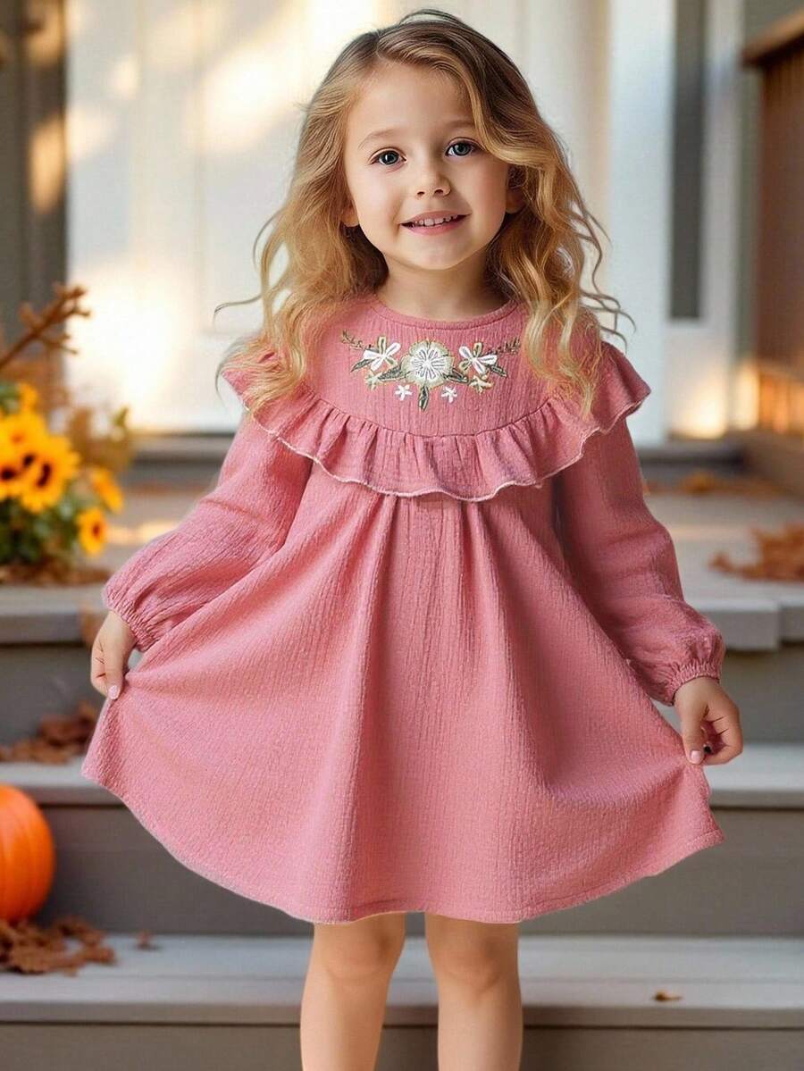 LMoss Kids LMoss Rochie casual pentru bebeluși cu țesătură, brodată, decolteu rotund, volane, mâneci bufante, rochie roz închis, rochie roz pentru bebeluși cu flori, rochie roz cu volane pentru fetițe, rochie vintage, Ținute de sărbătoare, Sărbătoare, Rochie roz, Rochii de toamnă, Haine de toamnă pentru fetițe, Iarnă