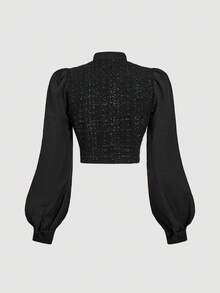 SHEIN MOD 复古可爱粗花呢女式衬衫，黑色，商务/通勤装，老钱风格 - 黑色 - 查看 2