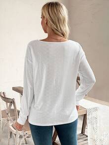 SHEIN Maternity Loose Fit Jacquard Hollow V-Neck Long Sleeve T-Shirt - White - View 2