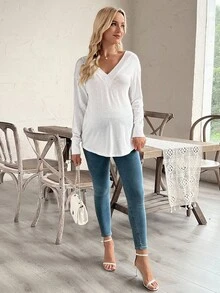 SHEIN Maternity Loose Fit Jacquard Hollow V-Neck Long Sleeve T-Shirt - White - View 6